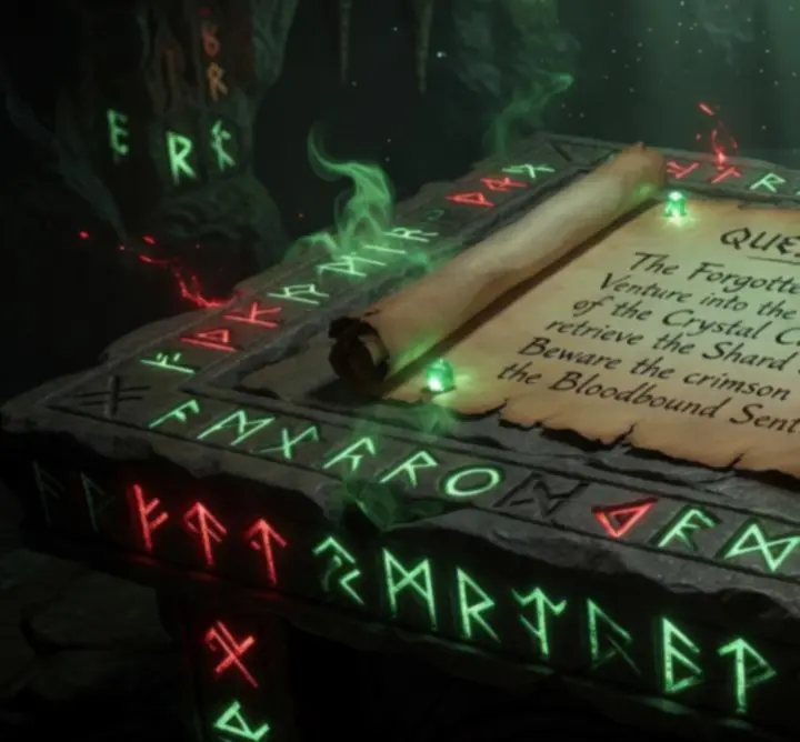 Μαγικός πίνακας με λίστα αποστολών και runic σύμβολα